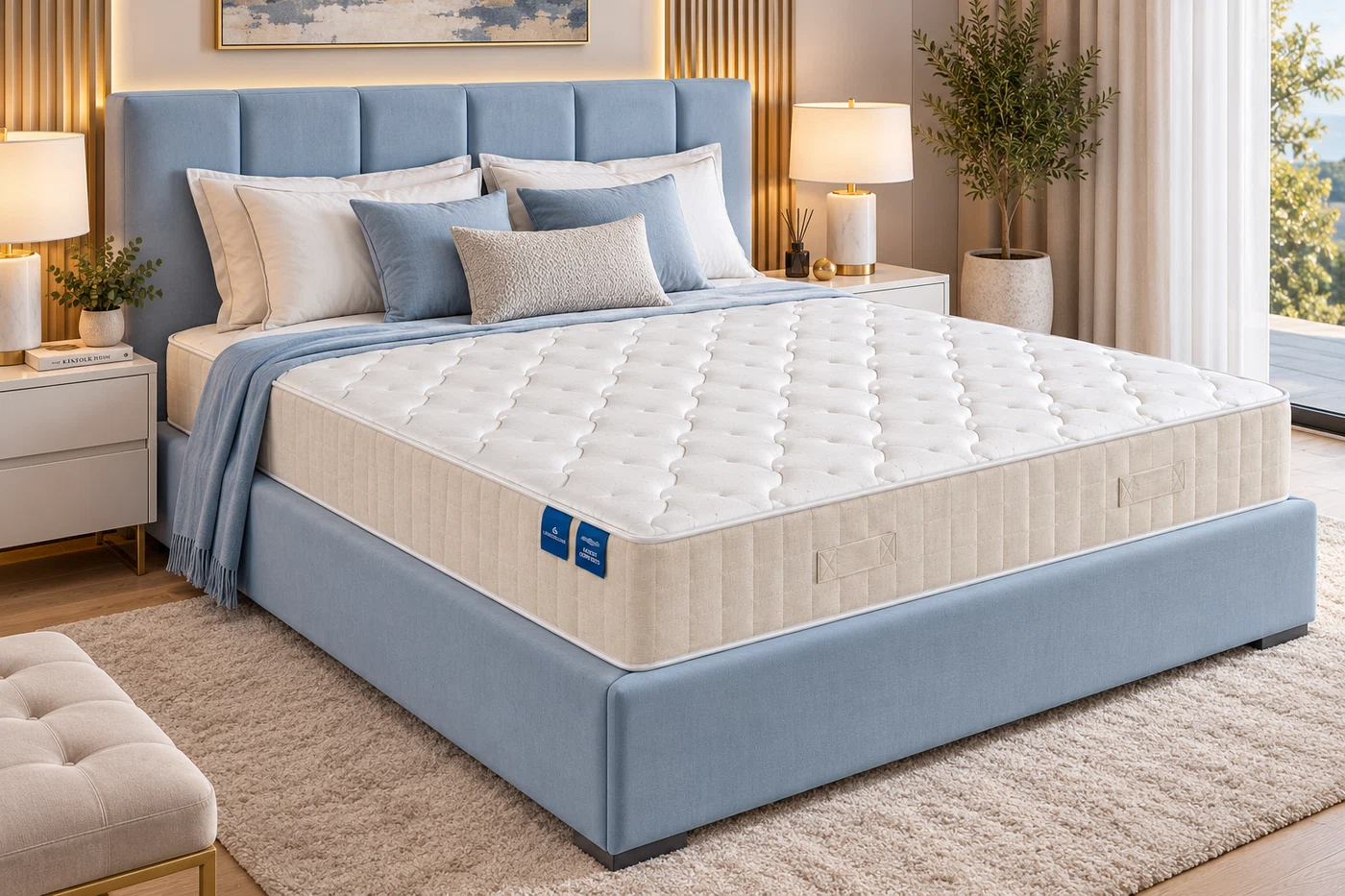 Pocket Conforto em quarto sofisticado com cama azul claro